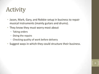 Activity
• Jason, Mark, Gary, and Robbie setup in business to repair
  musical instruments (mainly guitars and drums).
• They know they must worry most about
  • Taking orders
  • Doing the repairs
  • Checking quality of work before delivery
• Suggest ways in which they could structure their business.




                                                               6
 