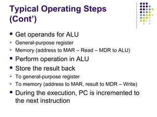 Typical Operating Steps
(Cont’)
 Get   operands for ALU
   General-purpose register
   Memory (address to MAR – Read – MDR to ALU)
 Perform  operation in ALU
 Store the result back
   To general-purpose register
   To memory (address to MAR, result to MDR – Write)
 During   the execution, PC is incremented to
    the next instruction
 