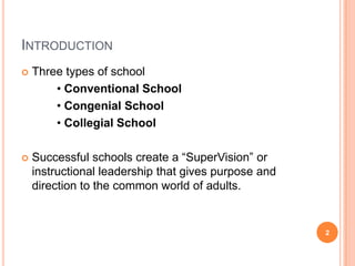 INTRODUCTION
   Three types of school
        • Conventional School
        • Congenial School
        • Collegial School

   Successful schools create a “SuperVision” or
    instructional leadership that gives purpose and
    direction to the common world of adults.


                                                      2
 