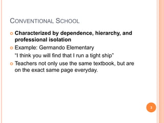 CONVENTIONAL SCHOOL
 Characterized by dependence, hierarchy, and
  professional isolation
 Example: Germando Elementary

  “I think you will find that I run a tight ship”
 Teachers not only use the same textbook, but are
  on the exact same page everyday.




                                                     3
 