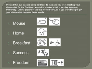 Pretend that our class is being held face-to-face and you were meeting your
classmates for the first time. As an ice breaker activity, we play a game of
Pictionary. Draw a picture of the five words below, as if you were trying to get
your classmates to guess these words.




 1.    Mouse

 2.    Home

 3.    Breakfast

 4.    Success

 5.    Freedom
 