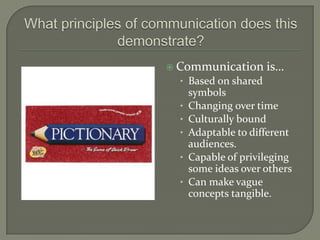  Communication       is…
  • Based on shared
      symbols
  •   Changing over time
  •   Culturally bound
  •   Adaptable to different
      audiences.
  •   Capable of privileging
      some ideas over others
  •   Can make vague
      concepts tangible.
 