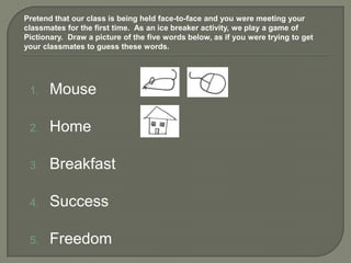Pretend that our class is being held face-to-face and you were meeting your
classmates for the first time. As an ice breaker activity, we play a game of
Pictionary. Draw a picture of the five words below, as if you were trying to get
your classmates to guess these words.




 1.    Mouse

 2.    Home

 3.    Breakfast

 4.    Success

 5.    Freedom
 