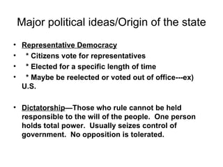Major political ideas/Origin of the state Representative Democracy * Citizens vote for representatives * Elected for a specific length of time * Maybe be reelected or voted out of office---ex) U.S. Dictatorship —Those who rule cannot be held responsible to the will of the people.  One person holds total power.  Usually seizes control of government.  No opposition is tolerated. 