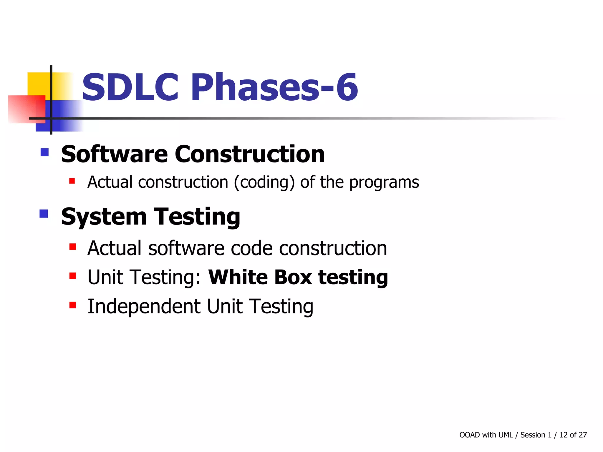 SDLC Phases-6 Software Construction Actual construction (coding) of the programs System Testing   Actual software code construction   Unit Testing:  White Box testing Independent Unit Testing 