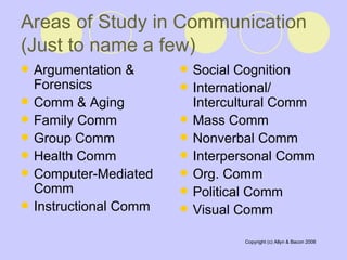 Areas of Study in Communication (Just to name a few) Argumentation & Forensics Comm & Aging Family Comm Group Comm Health Comm Computer-Mediated Comm Instructional Comm Social Cognition International/ Intercultural Comm Mass Comm Nonverbal Comm Interpersonal Comm Org. Comm Political Comm Visual Comm 