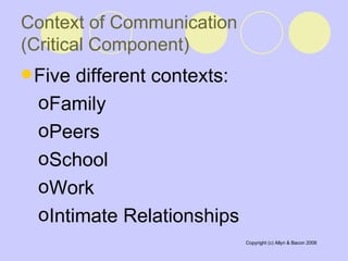 Five different contexts:  Family  Peers  School  Work  Intimate Relationships Context of Communication  (Critical Component) 
