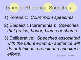 Types of Rhetorical Speeches   1) Forensic:  Court room speeches.   2) Epideictic (ceremonial):  Speeches that praise, honor, blame or shame.   3) Deliberative:  Speeches associated with the future-what an audience will do or think as a result of a speaker's efforts.   