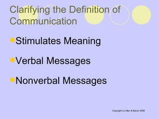Clarifying the Definition of Communication Stimulates Meaning  Verbal Messages  Nonverbal Messages  