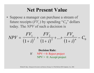 Net Present Value
• Suppose a manager can purchase a stream of
  future receipts (FVt ) by spending “C0” dollars
  today. The NPV of such a decision is

                   FV1                               FV2                                          FVn
 NPV =                                  +                                 + ...+                                       − C0
              (1 + i )            1
                                               (1 + i )             2
                                                                                            (1 + i )               n



                                          Decision Rule:
                            If           NPV < 0: Reject project
                                         NPV > 0: Accept project


         Michael R. Baye, Managerial Economics and Business Strategy, 5e. ©The McGraw-Hill Companies, Inc., 2006
 