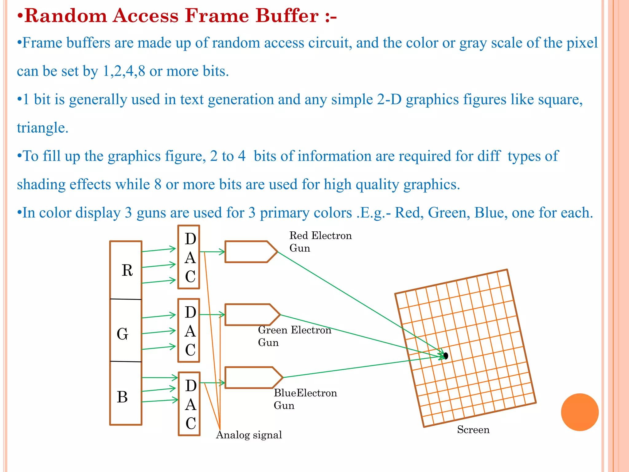 •Random Access Frame Buffer :-
•Frame buffers are made up of random access circuit, and the color or gray scale of the pixel
can be set by 1,2,4,8 or more bits.
•1 bit is generally used in text generation and any simple 2-D graphics figures like square,
triangle.
•To fill up the graphics figure, 2 to 4 bits of information are required for diff types of
shading effects while 8 or more bits are used for high quality graphics.
•In color display 3 guns are used for 3 primary colors .E.g.- Red, Green, Blue, one for each.
                                                 Red Electron
                           D                     Gun
                           A
                 R         C

                           D
                G          A             Green Electron
                                         Gun
                           C

                           D                BlueElectron
                B          A                Gun
                           C                                             Screen
                                 Analog signal
 