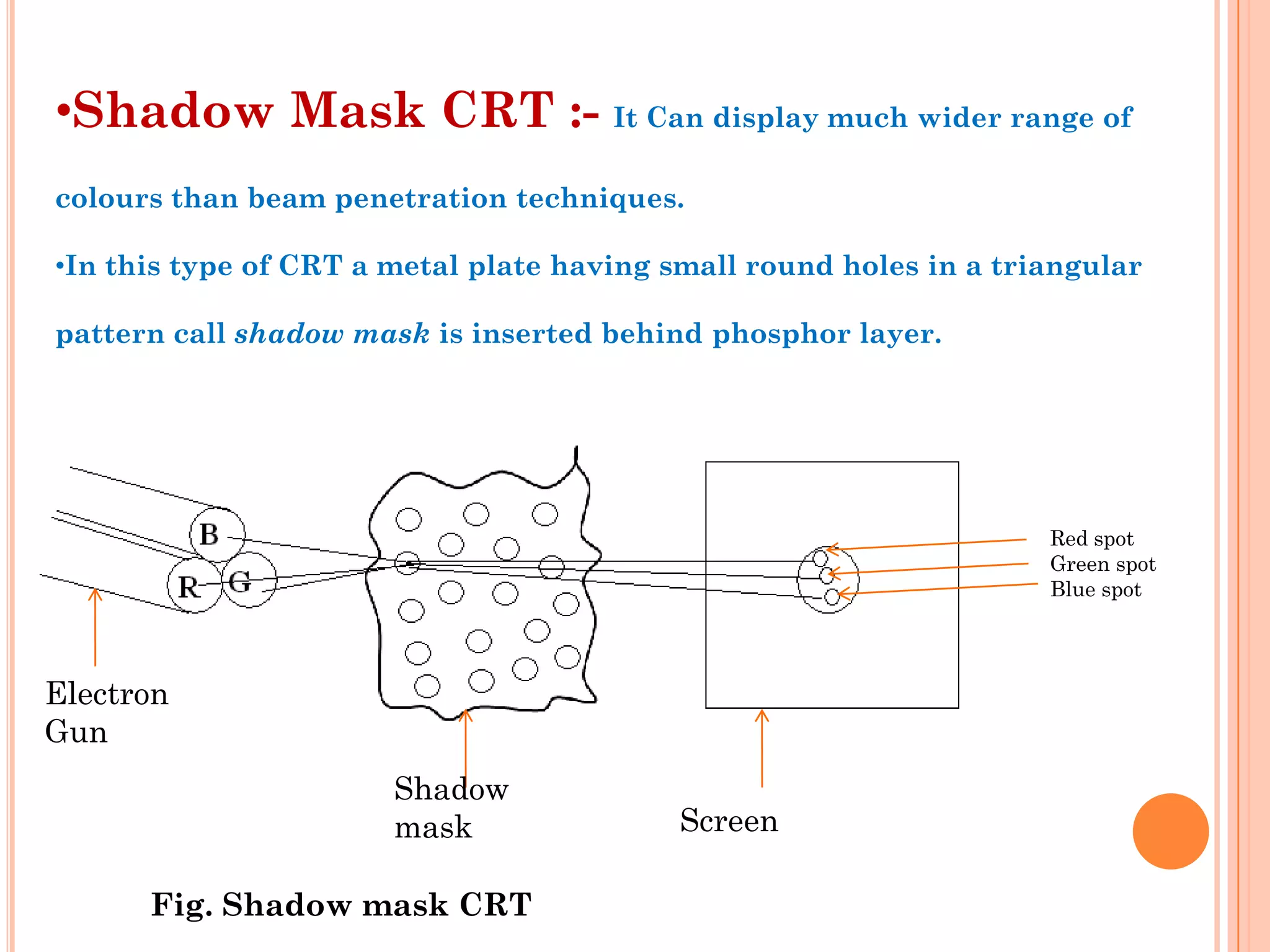 •Shadow Mask CRT :- It Can display much wider range of
colours than beam penetration techniques.

•In this type of CRT a metal plate having small round holes in a triangular

pattern call shadow mask is inserted behind phosphor layer.




                                                                    Red spot
                                                                    Green spot
                                                                    Blue spot




Electron
Gun
                       Shadow
                       mask                Screen

      Fig. Shadow mask CRT
 