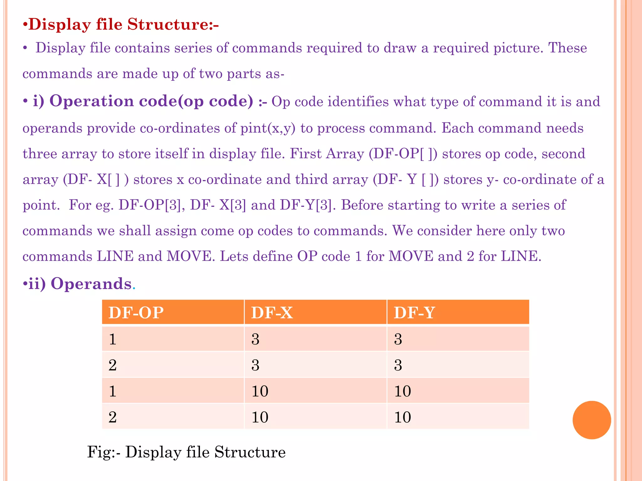 •Display file Structure:-
• Display file contains series of commands required to draw a required picture. These
commands are made up of two parts as-
• i) Operation code(op code) :- Op code identifies what type of command it is and
operands provide co-ordinates of pint(x,y) to process command. Each command needs
three array to store itself in display file. First Array (DF-OP[ ]) stores op code, second
array (DF- X[ ] ) stores x co-ordinate and third array (DF- Y [ ]) stores y- co-ordinate of a
point. For eg. DF-OP[3], DF- X[3] and DF-Y[3]. Before starting to write a series of
commands we shall assign come op codes to commands. We consider here only two
commands LINE and MOVE. Lets define OP code 1 for MOVE and 2 for LINE.
•ii) Operands.
             DF-OP                  DF-X                   DF-Y
             1                      3                      3
             2                      3                      3
             1                      10                     10
             2                      10                     10

          Fig:- Display file Structure
 