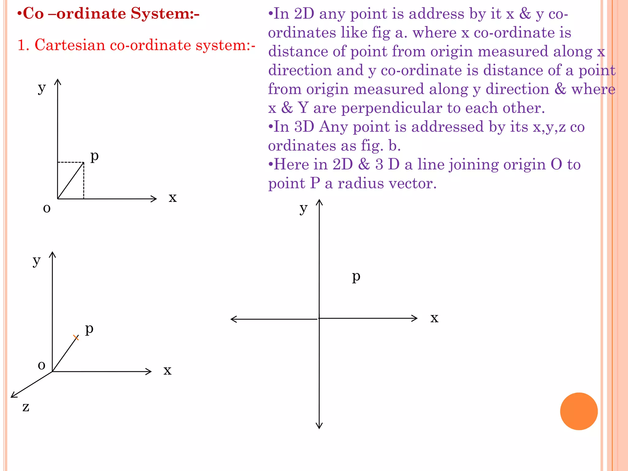 •Co –ordinate System:-            •In 2D any point is address by it x & y co-
                                  ordinates like fig a. where x co-ordinate is
1. Cartesian co-ordinate system:- distance of point from origin measured along x
                                  direction and y co-ordinate is distance of a point
   y                              from origin measured along y direction & where
                                  x & Y are perpendicular to each other.
                                  •In 3D Any point is addressed by its x,y,z co
                                  ordinates as fig. b.
          p
                                  •Here in 2D & 3 D a line joining origin O to
                                  point P a radius vector.
                     x
    o                                  y


    y
                                              p

                                                         x
         p

    o               x

z
 