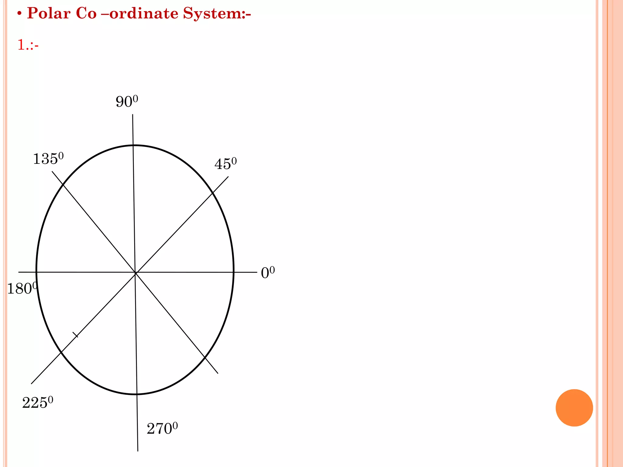 • Polar Co –ordinate System:-

 1.:-


             900


   1350                   450




                                 00
1800




 2250
                   2700
 