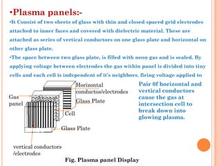 •Plasma panels:-
•It Consist of two sheets of glass with thin and closed spaced grid electrodes
attached to inner faces and covered with dielectric material. These are
attached as series of vertical conductors on one glass plate and horizontal on
other glass plate.
•The space between two glass plate, is filled with neon gas and is sealed. By
applying voltage between electrodes the gas within panel is divided into tiny
cells and each cell is independent of it‟s neighbors. firing voltage applied to

                              Horizontal             Pair 0f horizontal and
                              conductos/electrodes   vertical conductors
Gas                                                  cause the gas at
panel                         Glass Plate
                                                     intersection cell to
                                                     break down into
                       Cell
                                                     glowing plasma.

                     Glass Plate


 vertical conductors
 /electrodes
                       Fig. Plasma panel Display
 