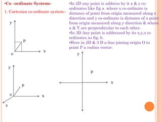 •Co –ordinate System:-            •In 2D any point is address by it x & y co-
                                  ordinates like fig a. where x co-ordinate is
1. Cartesian co-ordinate system:- distance of point from origin measured along x
                                  direction and y co-ordinate is distance of a point
   y                              from origin measured along y direction & where
                                  x & Y are perpendicular to each other.
                                  •In 3D Any point is addressed by its x,y,z co
                                  ordinates as fig. b.
          p
                                  •Here in 2D & 3 D a line joining origin O to
                                  point P a radius vector.
                     x
    o                                  y


    y
                                              p

                                                         x
         p

    o               x

z
 