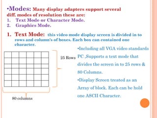 •Modes: Many display adapters support several
diff. modes of resolution these are:
1. Text Mode or Character Mode.
2. Graphics Mode.

1. Text Mode:    this video mode display screen is divided in to
   rows and column's of boxes. Each box can contained one
   character.
                                 •Including all VGA video standards

                        25 Rows PC ,Supports a text mode that
                                 divides the screen in to 25 rows &
                                 80 Columns.
                                 •Display Screen treated as an
                                 Array of block. Each can be hold
                                 one ASCII Character.
  80 columns
 
