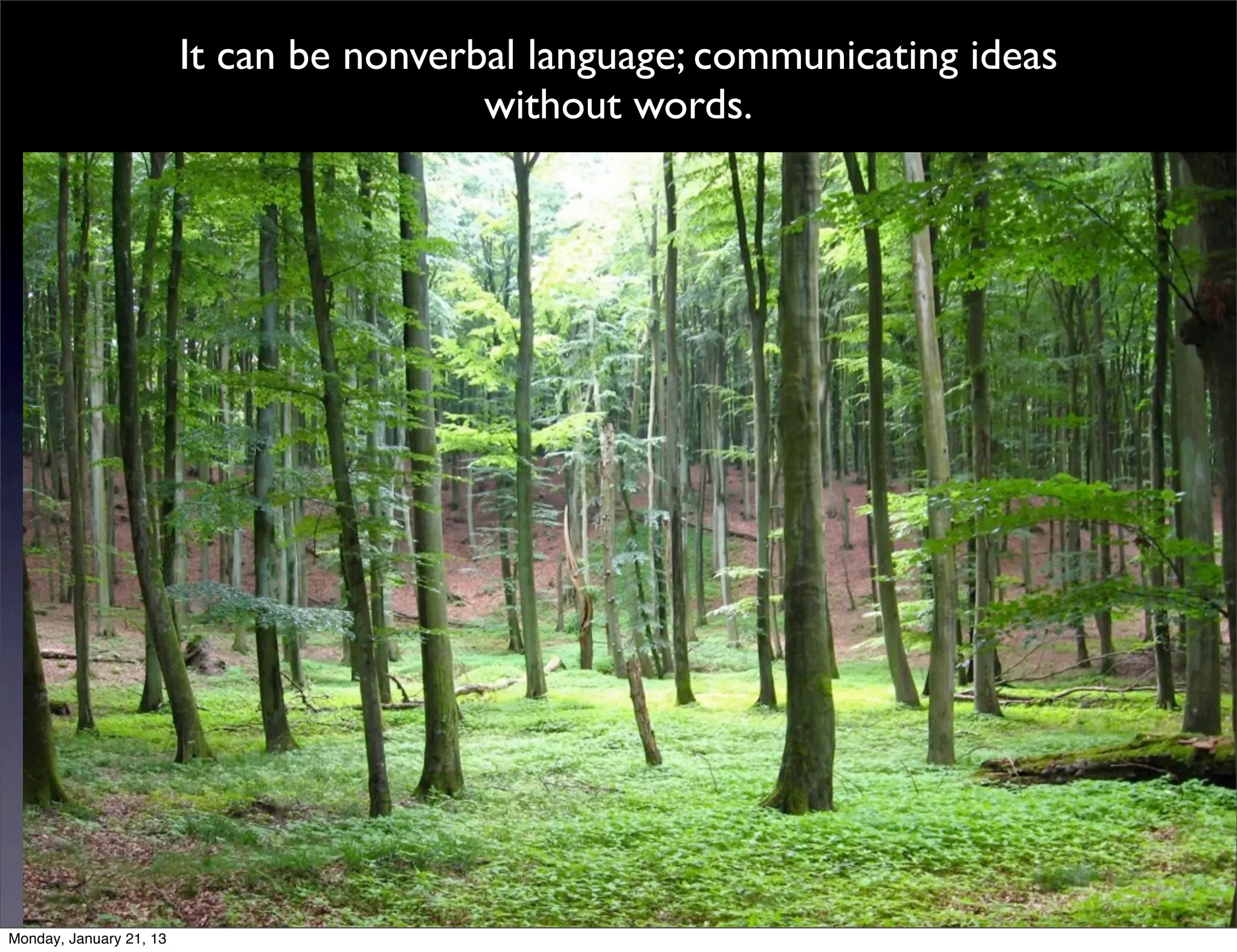 It can be nonverbal language; communicating ideas
                 without words.
 
