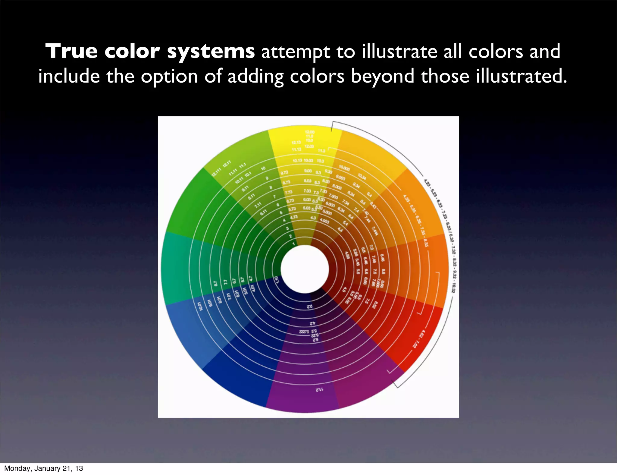 True color systems attempt to illustrate all colors and
include the option of adding colors beyond those illustrated.
 