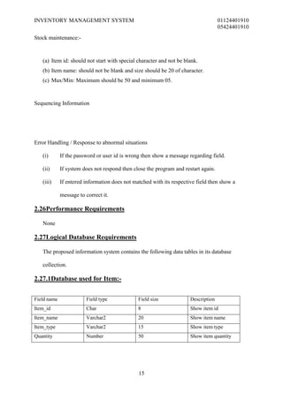 INVENTORY MANAGEMENT SYSTEM                                                         01124401910
                                                                                    05424401910
Stock maintenance:-



   (a) Item id: should not start with special character and not be blank.
   (b) Item name: should not be blank and size should be 20 of character.
   (c) Max/Min: Maximum should be 50 and minimum 05.



Sequencing Information




Error Handling / Response to abnormal situations

   (i)       If the password or user id is wrong then show a message regarding field.

   (ii)      If system does not respond then close the program and restart again.

   (iii)     If entered information does not matched with its respective field then show a

             message to correct it.

2.26Performance Requirements

   None

2.27Logical Database Requirements

   The proposed information system contains the following data tables in its database

   collection.

2.27.1Database used for Item:-


Field name              Field type             Field size             Description
Item_id                 Char                   8                      Show item id
Item_name               Varchar2               20                     Show item name
Item_type               Varchar2               15                     Show item type
Quantity                Number                 50                     Show item quantity




                                               15
 