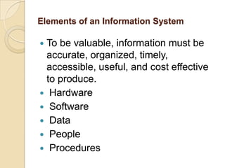 Elements of an Information System

To be valuable, information must be
 accurate, organized, timely,
 accessible, useful, and cost effective
 to produce.
 Hardware
 Software
 Data
 People
 Procedures
 