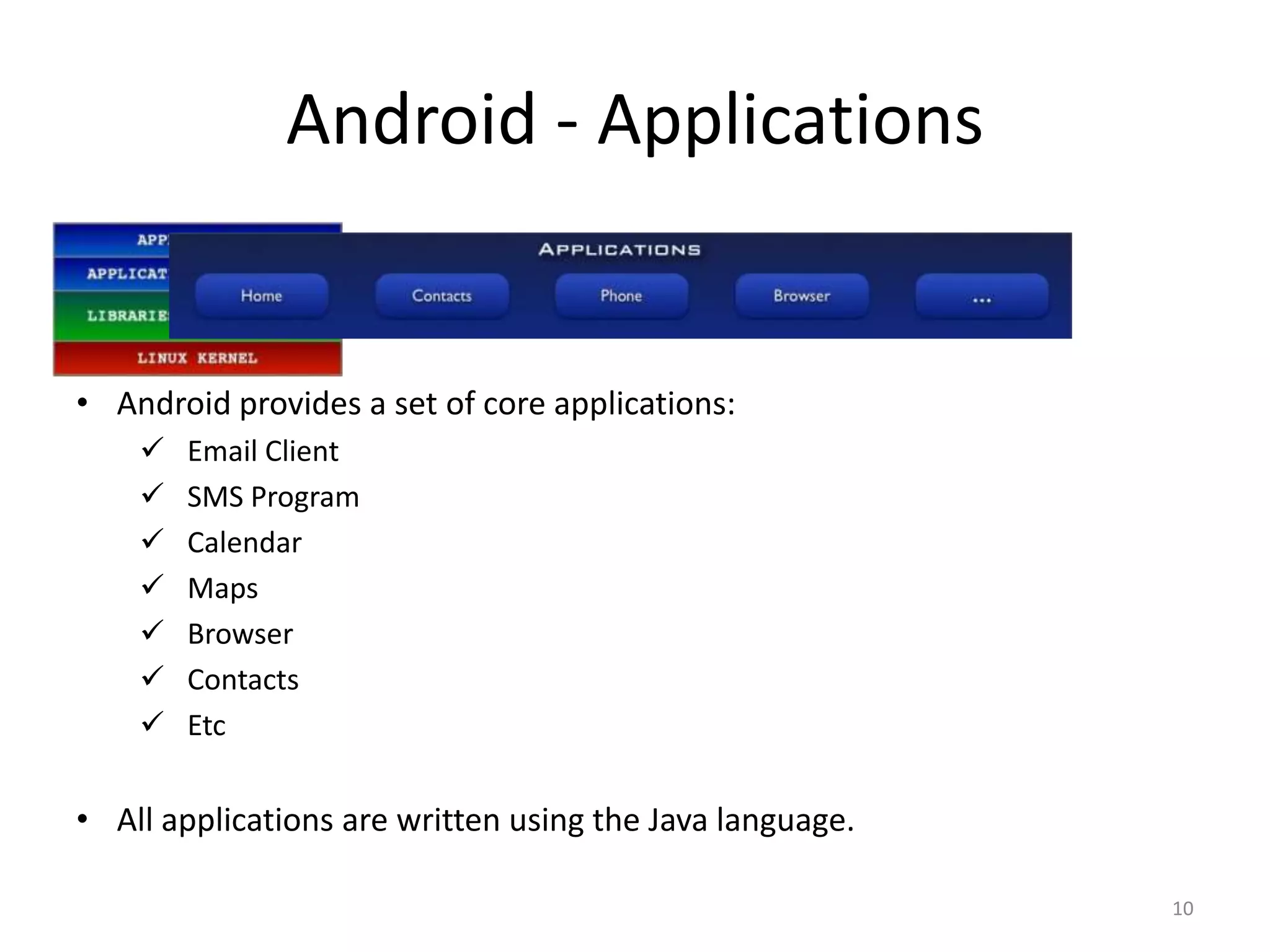 10
• Android provides a set of core applications:
 Email Client
 SMS Program
 Calendar
 Maps
 Browser
 Contacts
 Etc
• All applications are written using the Java language.
Android - Applications
 