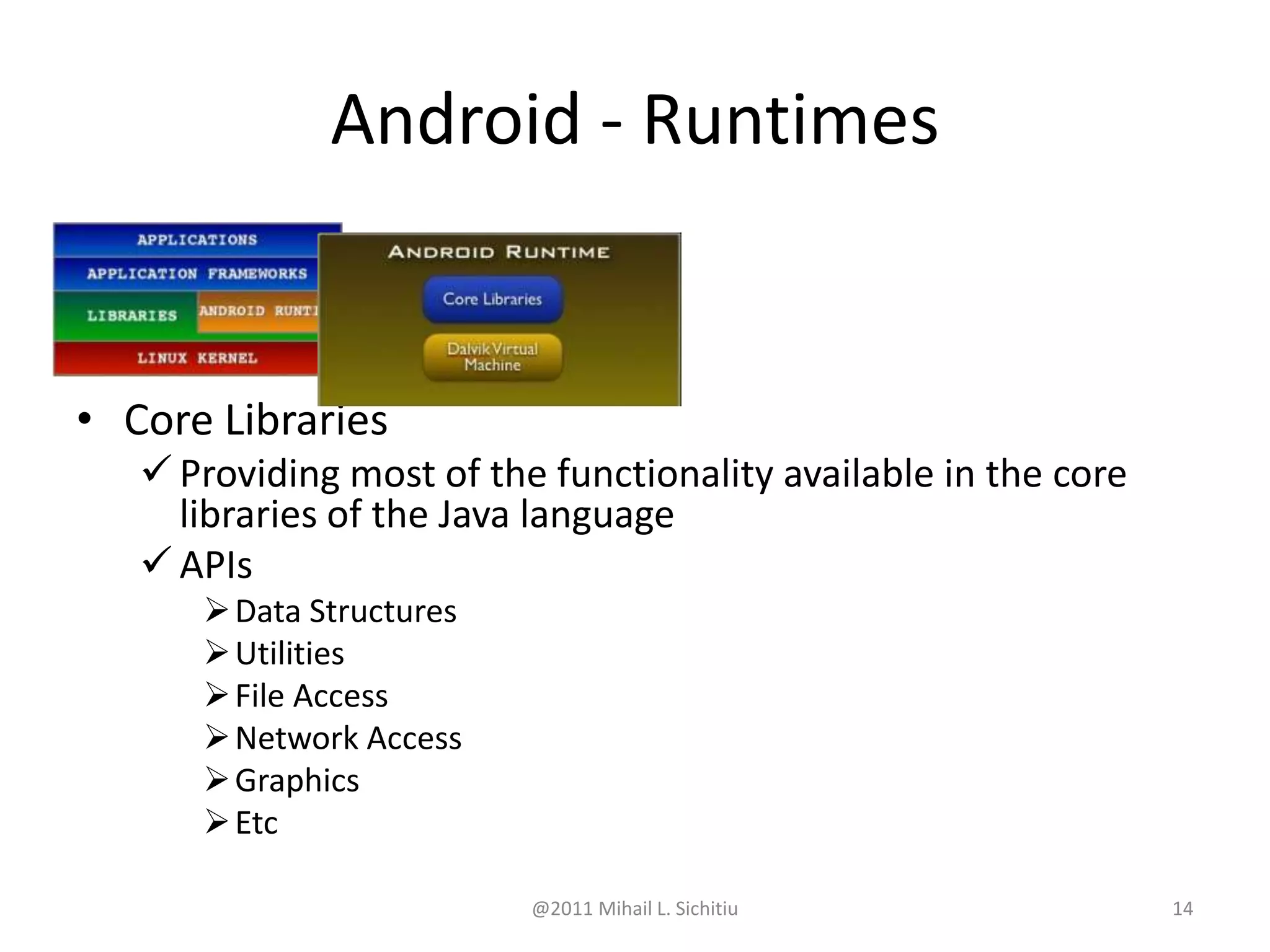 @2011 Mihail L. Sichitiu 14
• Core Libraries
 Providing most of the functionality available in the core
libraries of the Java language
 APIs
Data Structures
Utilities
File Access
Network Access
Graphics
Etc
Android - Runtimes
 