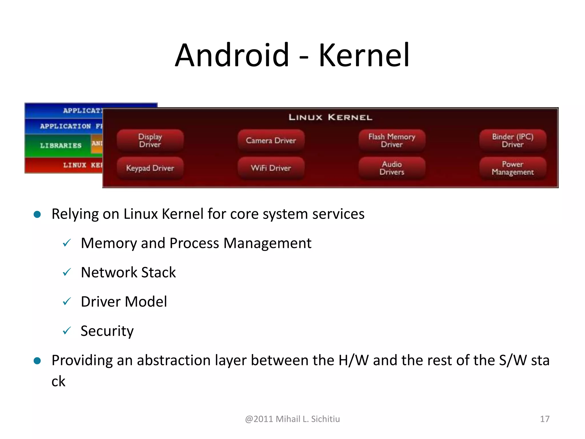 @2011 Mihail L. Sichitiu 17
 Relying on Linux Kernel for core system services
 Memory and Process Management
 Network Stack
 Driver Model
 Security
 Providing an abstraction layer between the H/W and the rest of the S/W sta
ck
Android - Kernel
 