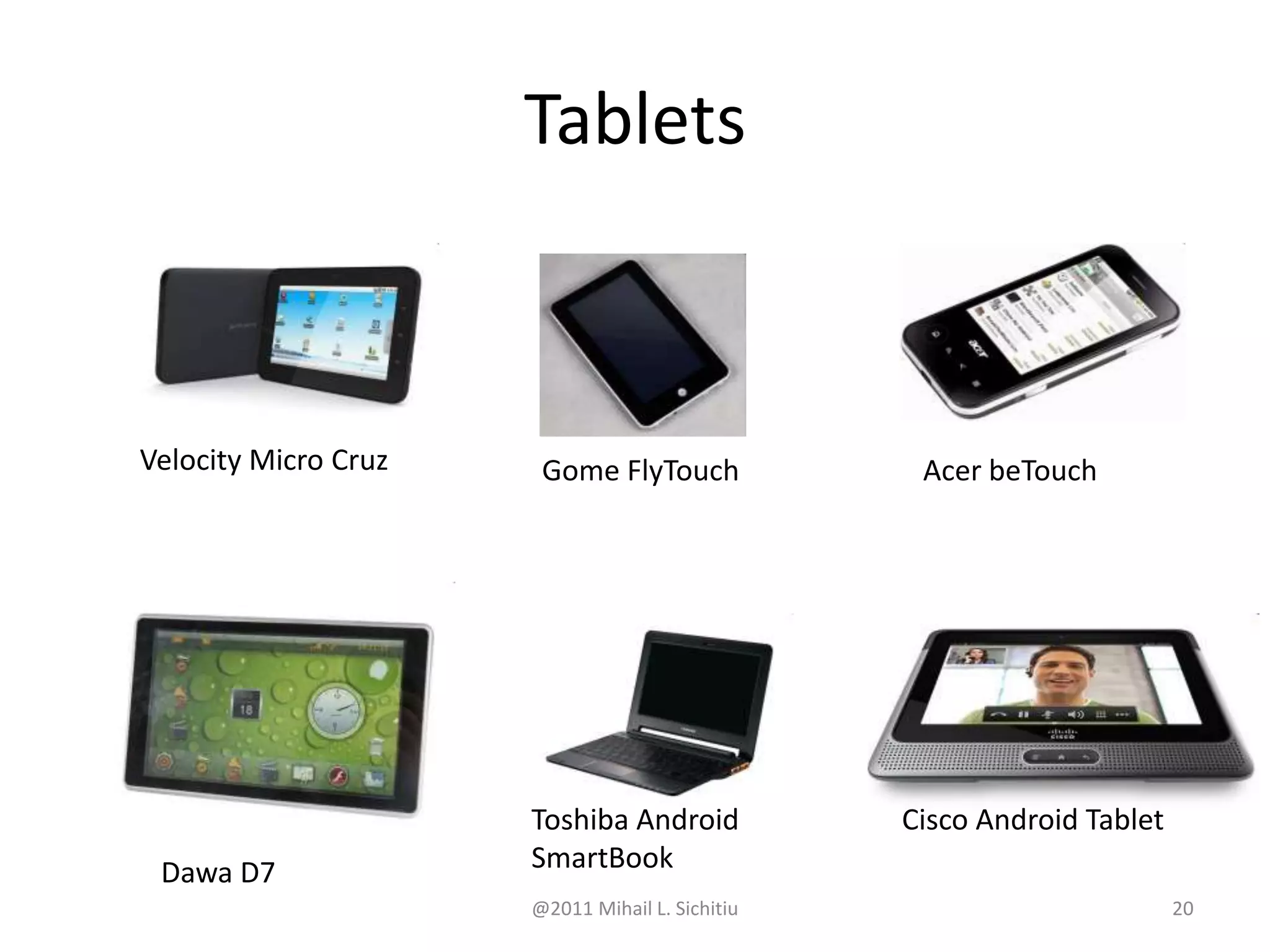 @2011 Mihail L. Sichitiu 20
Tablets
Velocity Micro Cruz Gome FlyTouch Acer beTouch
Dawa D7
Toshiba Android
SmartBook
Cisco Android Tablet
 