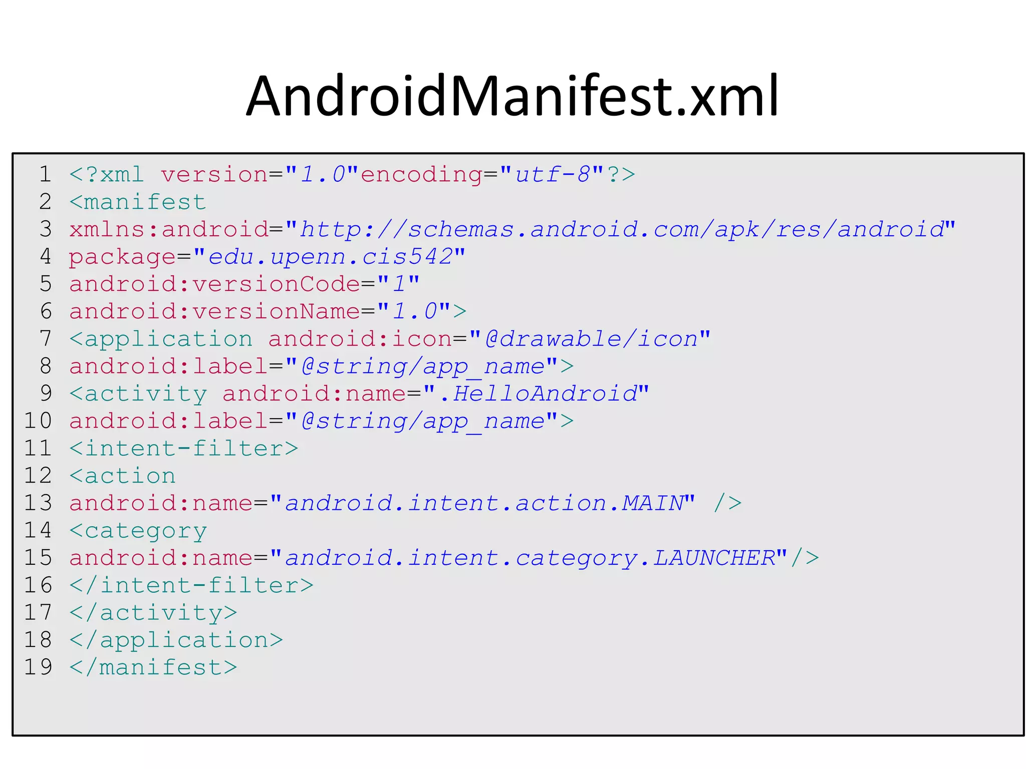 1 <?xml version="1.0"encoding="utf-8"?>
2 <manifest
3 xmlns:android="http://schemas.android.com/apk/res/android"
4 package="edu.upenn.cis542"
5 android:versionCode="1"
6 android:versionName="1.0">
7 <application android:icon="@drawable/icon"
8 android:label="@string/app_name">
9 <activity android:name=".HelloAndroid"
10 android:label="@string/app_name">
11 <intent-filter>
12 <action
13 android:name="android.intent.action.MAIN" />
14 <category
15 android:name="android.intent.category.LAUNCHER"/>
16 </intent-filter>
17 </activity>
18 </application>
19 </manifest>
AndroidManifest.xml
 
