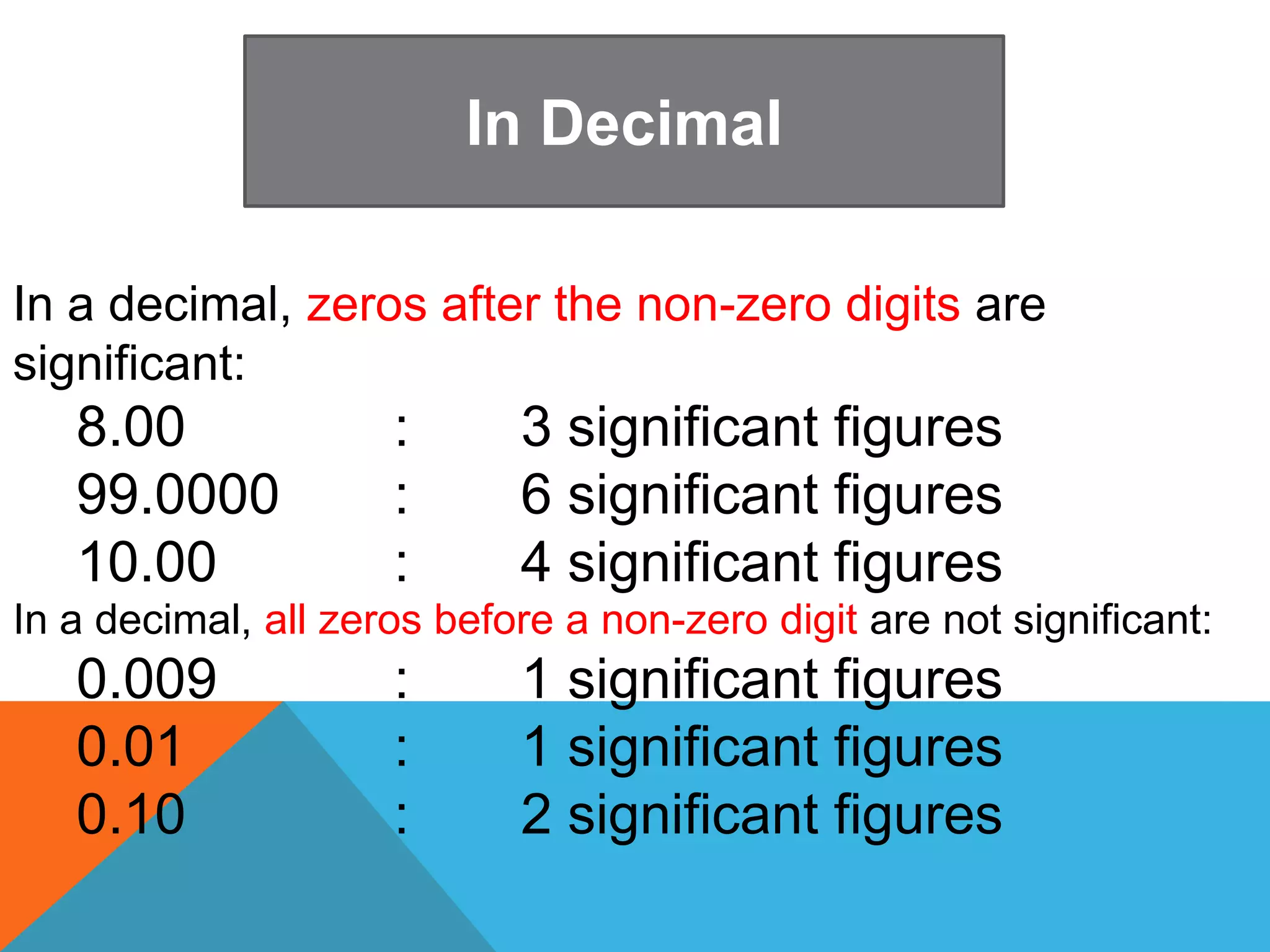 In Decimal
In a decimal, zeros after the non-zero digits are
significant:
8.00 : 3 significant figures
99.0000 : 6 significant figures
10.00 : 4 significant figures
In a decimal, all zeros before a non-zero digit are not significant:
0.009 : 1 significant figures
0.01 : 1 significant figures
0.10 : 2 significant figures
 