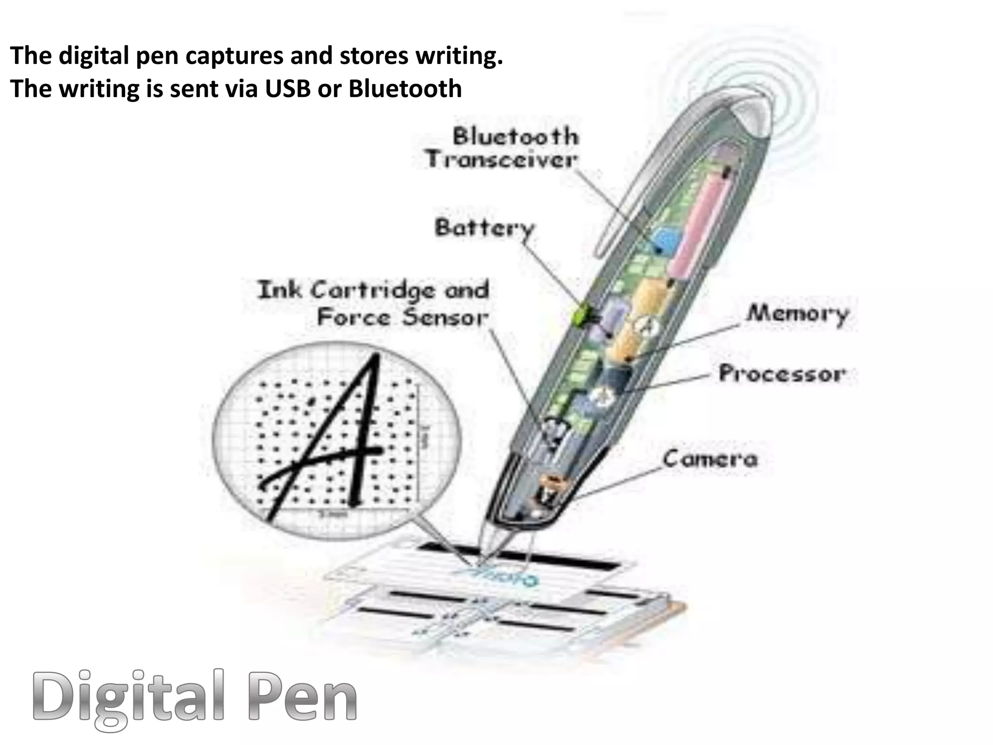 The digital pen captures and stores writing.
The writing is sent via USB or Bluetooth
 