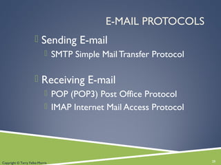 E-MAIL PROTOCOLS
 Sending E-mail
 SMTP Simple Mail Transfer Protocol
 Receiving E-mail
 POP (POP3) Post Office Protocol
 IMAP Internet Mail Access Protocol
25Copyright © Terry Felke-Morris
 