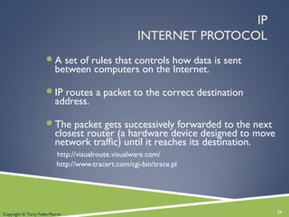IP
INTERNET PROTOCOL
A set of rules that controls how data is sent
between computers on the Internet.
IP routes a packet to the correct destination
address.
The packet gets successively forwarded to the next
closest router (a hardware device designed to move
network traffic) until it reaches its destination.
http://visualroute.visualware.com/
http://www.tracert.com/cgi-bin/trace.pl
29Copyright © Terry Felke-Morris
 