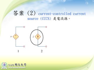 72
答案 (2) current-controlled current
source (CCCS) 是電流源。
1 2
 