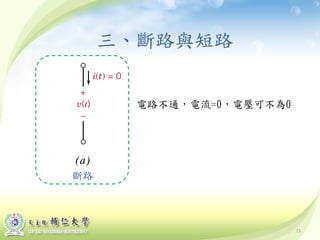 73
三、斷路與短路
斷路
電路不通，電流=0，電壓可不為0
 