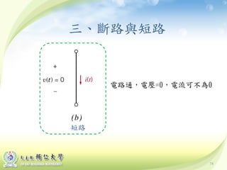 74
三、斷路與短路
短路
電路通，電壓=0，電流可不為0
 
