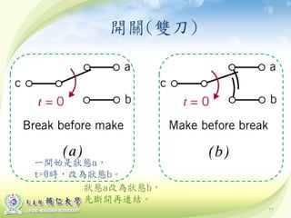 77
開關(雙刀)
一開始是狀態a，
t=0時，改為狀態b。
狀態a改為狀態b，
先斷開再連結。
 