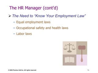 The HR Manager (cont’d)
 The Need to “Know Your Employment Law”
– Equal employment laws

– Occupational safety and health laws
– Labor laws

© 2005 Prentice Hall Inc. All rights reserved.

1–

 
