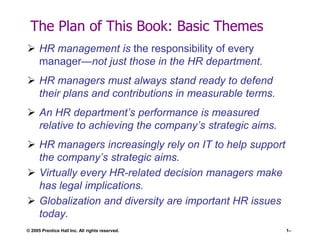 The Plan of This Book: Basic Themes
 HR management is the responsibility of every
manager—not just those in the HR department.
 HR managers must always stand ready to defend
their plans and contributions in measurable terms.
 An HR department’s performance is measured
relative to achieving the company’s strategic aims.

 HR managers increasingly rely on IT to help support
the company’s strategic aims.
 Virtually every HR-related decision managers make
has legal implications.
 Globalization and diversity are important HR issues
today.
© 2005 Prentice Hall Inc. All rights reserved.

1–

 