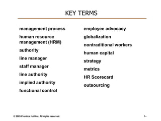 KEY TERMS
management process

employee advocacy

human resource
management (HRM)

globalization

authority
line manager
staff manager
line authority
implied authority

nontraditional workers
human capital
strategy

metrics
HR Scorecard
outsourcing

functional control

© 2005 Prentice Hall Inc. All rights reserved.

1–

 
