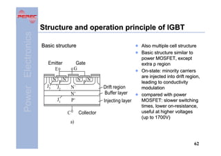 Power Electronics

Structure and operation principle of IGBT
Basic structure
Emitter
E

Gate
G

N + N+
N+ N +
P
P
J3 J
N
2
N+
J1
P+
C
a)

Collector

Drift region
Buffer layer
Injecting layer

Also multiple cell structure
Basic structure similar to
power MOSFET, except
extra p region
On-state: minority carriers
are injected into drift region,
leading to conductivity
modulation
compared with power
MOSFET: slower switching
times, lower on-resistance,
useful at higher voltages
(up to 1700V)

62

 