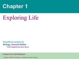 Chapter 1

Exploring Life

PowerPoint Lectures for
Biology, Seventh Edition
Neil Campbell and Jane Reece

Lectures by Chris Romero
Copyright © 2005 Pearson Education, Inc. publishing as Benjamin Cummings

 