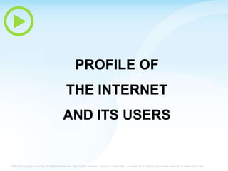 PROFILE OF
THE INTERNET
AND ITS USERS

©2013 Cengage Learning. All Rights Reserved. May not be scanned, copied or duplicated, or posted to a publicly accessible website, in whole or in part.

 
