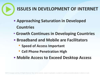 ISSUES IN DEVELOPMENT OF INTERNET
• Approaching Saturation in Developed
Countries
• Growth Continues in Developing Countries
• Broadband and Mobile are Facilitators

• Speed of Access Important
• Cell Phone Penetration High
• Mobile Access to Exceed Desktop Access

©2013 Cengage Learning. All Rights Reserved. May not be scanned, copied or duplicated, or posted to a publicly accessible website, in whole or in part.

 