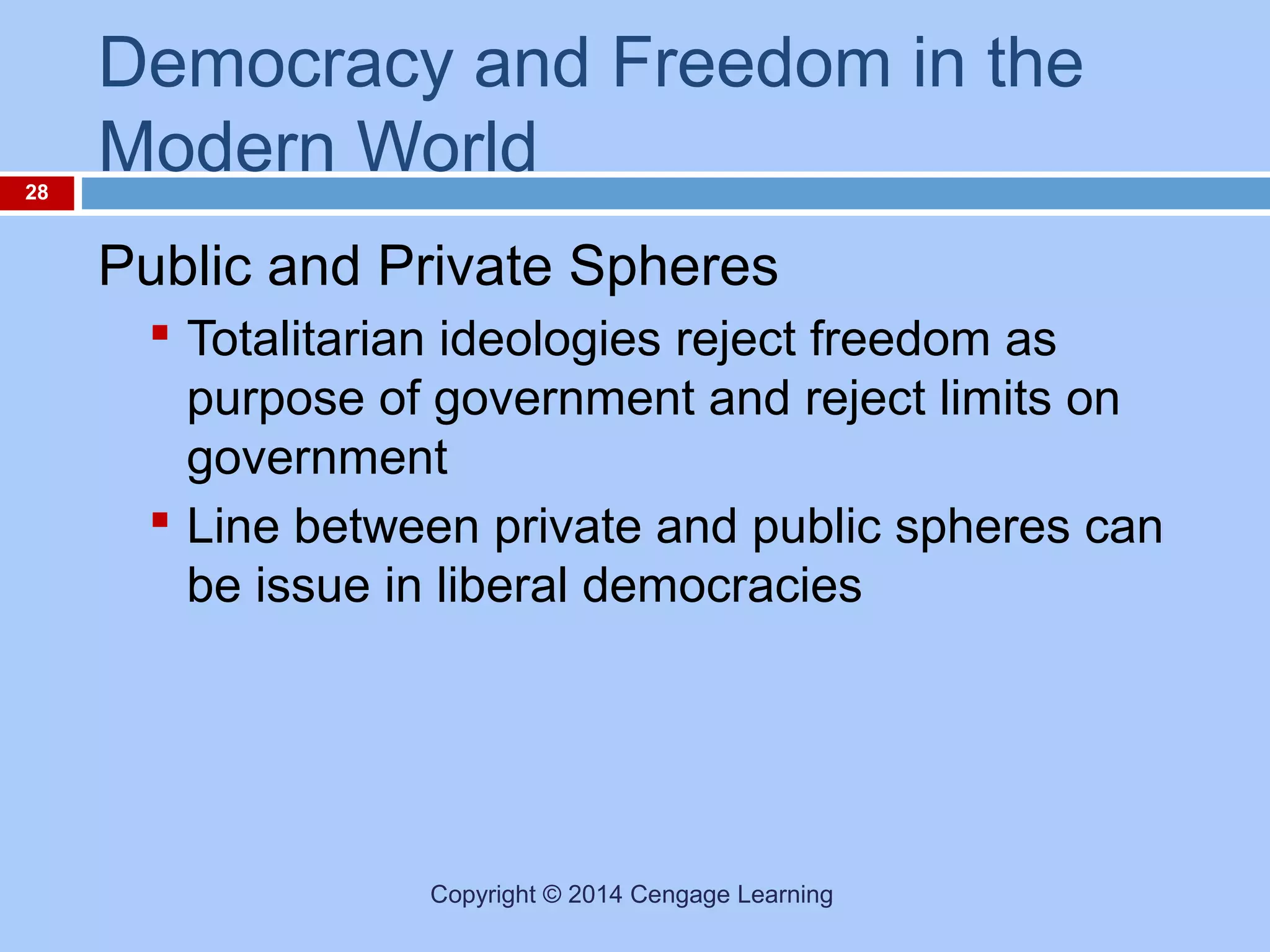 28

Democracy and Freedom in the
Modern World
Public and Private Spheres
 Totalitarian ideologies reject freedom as
purpose of government and reject limits on
government
 Line between private and public spheres can
be issue in liberal democracies

Copyright © 2014 Cengage Learning

 