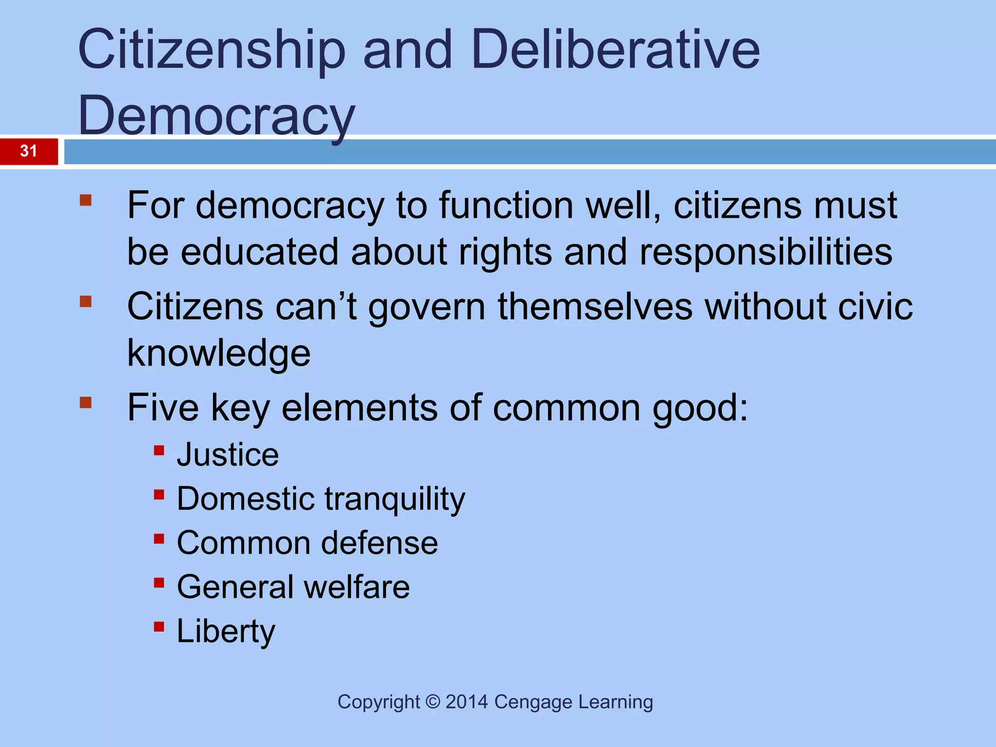 31

Citizenship and Deliberative
Democracy
 For democracy to function well, citizens must
be educated about rights and responsibilities
 Citizens can’t govern themselves without civic
knowledge
 Five key elements of common good:
 Justice
 Domestic tranquility
 Common defense
 General welfare
 Liberty
Copyright © 2014 Cengage Learning

 