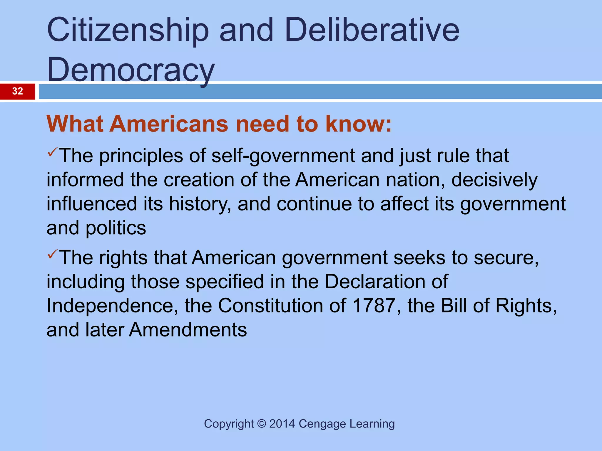 32

Citizenship and Deliberative
Democracy
What Americans need to know:
The

principles of self-government and just rule that
informed the creation of the American nation, decisively
influenced its history, and continue to affect its government
and politics
The rights that American government seeks to secure,
including those specified in the Declaration of
Independence, the Constitution of 1787, the Bill of Rights,
and later Amendments

Copyright © 2014 Cengage Learning

 