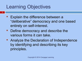 Learning Objectives
2

 Explain the difference between a
“deliberative” democracy and one based
entirely on self-interest.
 Define democracy and describe the
various forms it can take.
 Analyze the Declaration of Independence
by identifying and describing its key
principles.
Copyright © 2014 Cengage Learning

 